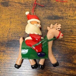 Vintage Clay Dough Santa Reindeer Christmas Ornament Handmade Folk Art Decor